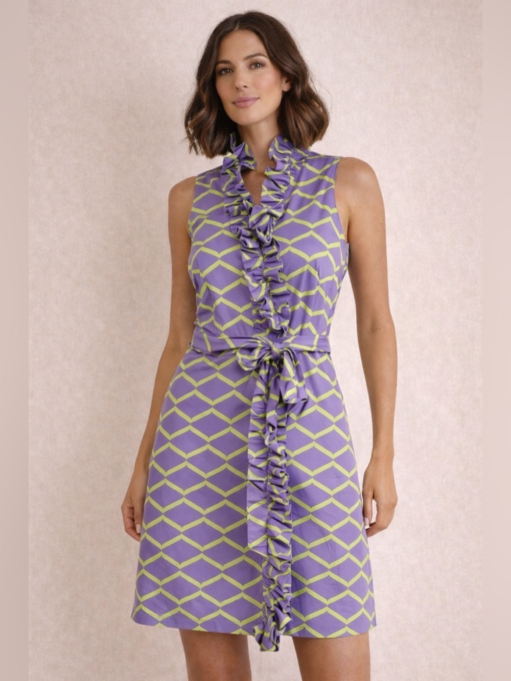 Melly M Sleeveless Ruffle Front Geometric Dress Summer Lavender Lime Size 12